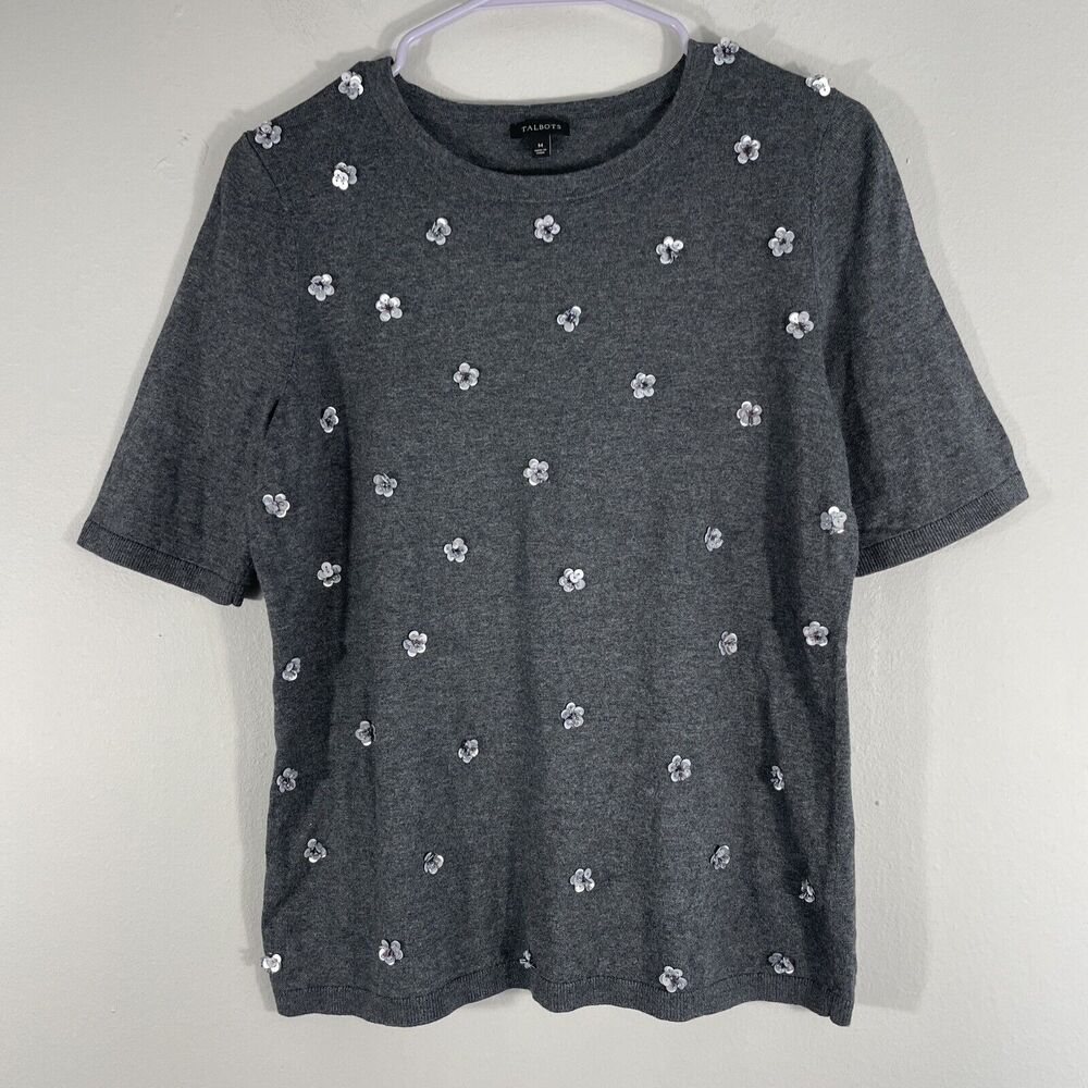Talbots Womens Knit Top M Gray Embellished Sequins Flowers Short Sleeve